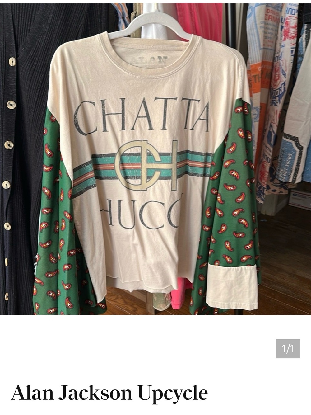 d Long-Sleeve Tee - Cream Body with Green Patterned Sleeves